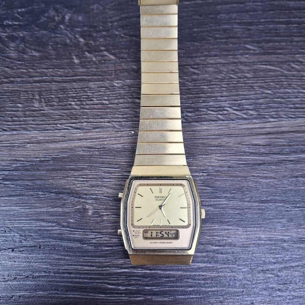 Vintage Seiko H601-5400 Ana-Digi Alarm Chronograph Gold Watch - WORKING
